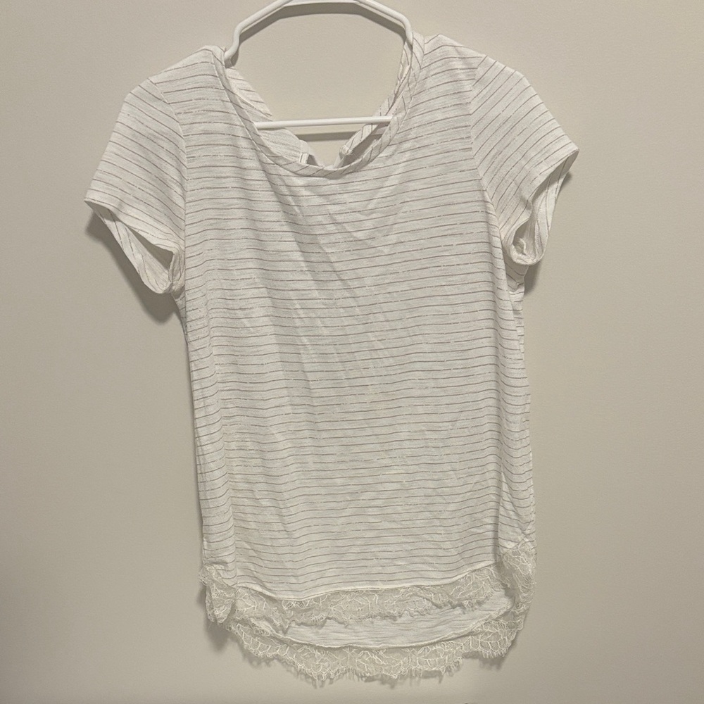 LC Lauren Conrad White Striped Lace Trim Tee